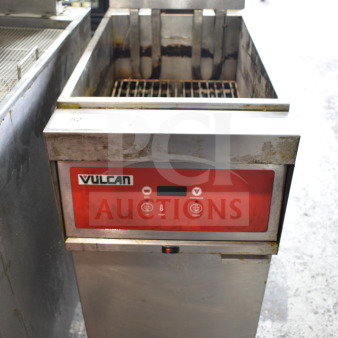 Vulcan 1ERD50 commercial deep fryer, electric, floor style, 480V, 3-phase, on casters, visible wear, red control panel.