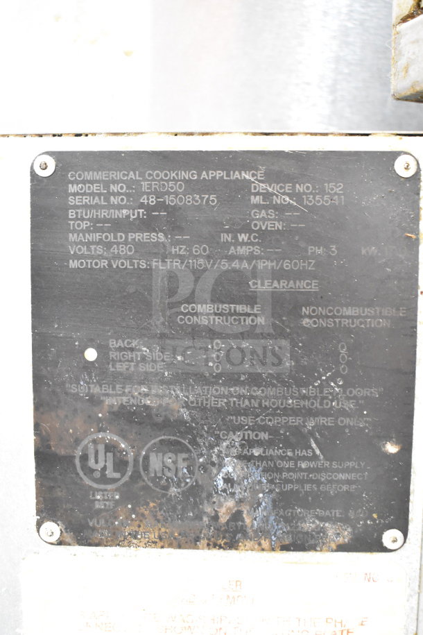 Vulcan 1ERD50 commercial electric deep fat fryer, model tag visible. 480 volts, 3-phase, on casters. Used condition.