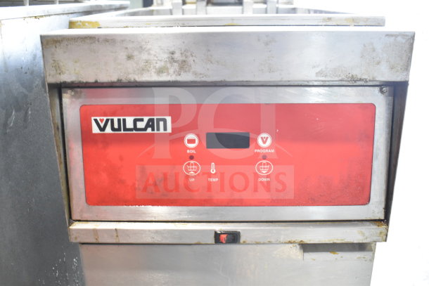 Vulcan 1ERD50 commercial electric fryer, 480V, 3-phase, used condition, red control panel, on casters, visible wear.