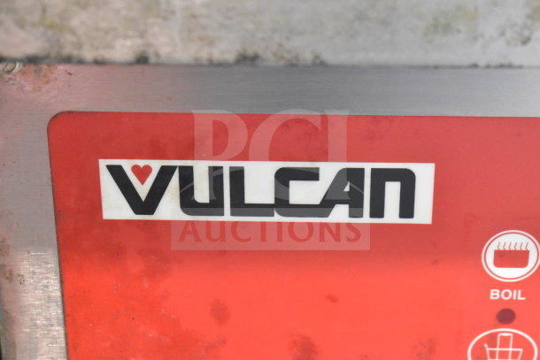 Vulcan 1ERD50 electric deep fat fryer label, red background, includes logo and "Boil" indicator. 480V, 3-phase.
