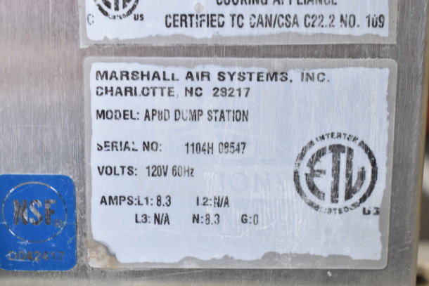 Marshall Air Systems AP8D electric dumping station label, 120V, 1 Phase, NSF certified, serial 1104H 09547, ETL listed.