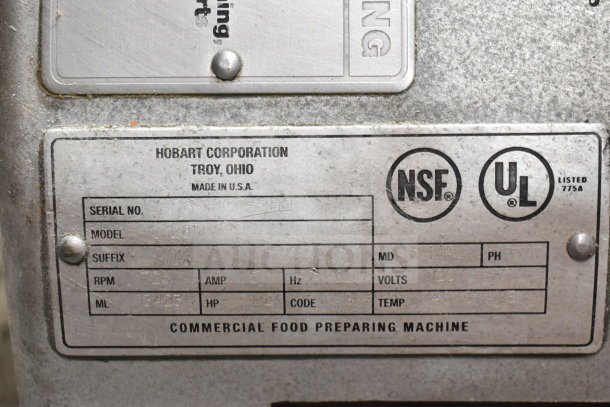 Hobart 2612 meat slicer serial info plate; NSF listed, UL certified, 120V, 1 Phase, 1725 RPM, 1/2 HP. Made in USA.