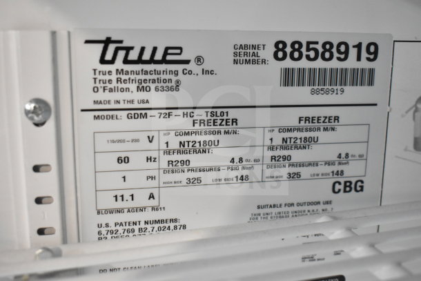 2016 True GDM-72F-HC commercial freezer label, model details, 115/208-230V, 1 phase, tested and working condition.