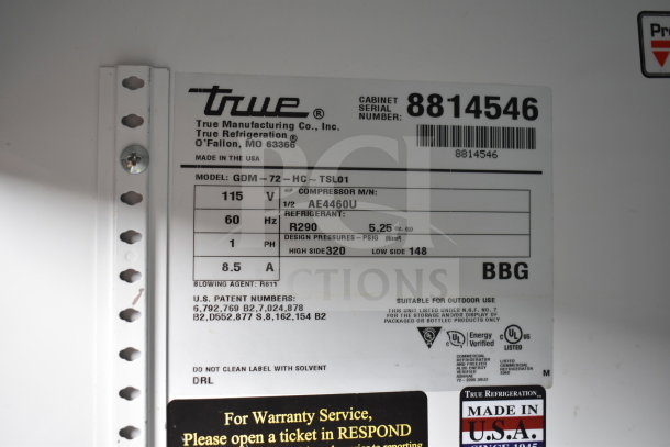 Label for 2016 True GDM-72-HC cooler; 115V, 1 Phase, tested and working. Serial number 8814546, made in USA.