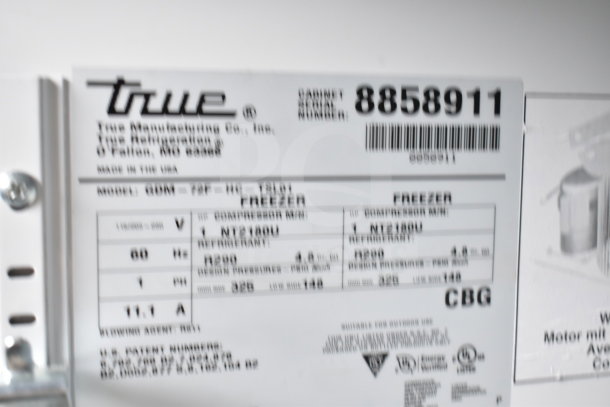 2016 True GDM-72F-HC commercial 3-door reach-in freezer, 115/208-230V, 1 phase, tested and working, model and serial labels visible.