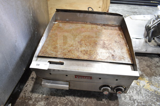 Vulcan Commercial Countertop Gas Griddle, stainless steel, used, visible wear, two control knobs, branded logo on front.