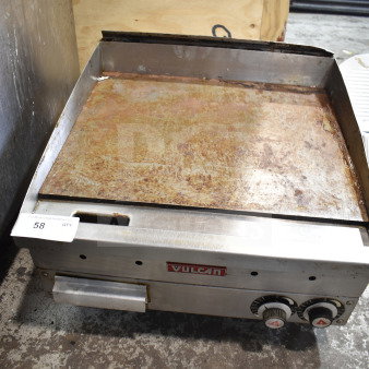 Vulcan Commercial Countertop Gas Griddle, stainless steel, used, visible wear, two control knobs, branded logo on front.
