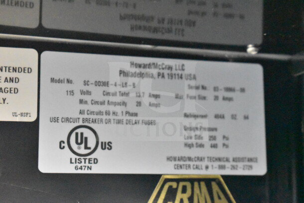 Label of McCray SC-0030E-4-LS-B display case showing model, serial number, electrical specs, and UL certification.