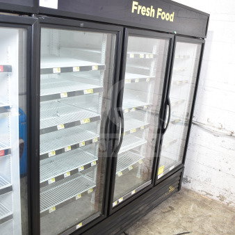 2016 True GDM-72-HC commercial 3-door cooler merchandiser, 115V, 1-phase. Tested, working, "Fresh Food" header.