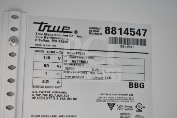 2016 True GDM-72-HC 3-door cooler label, 115V, 1 phase, tested working. Serial number 8814547, refrigerant R290. Made in USA.