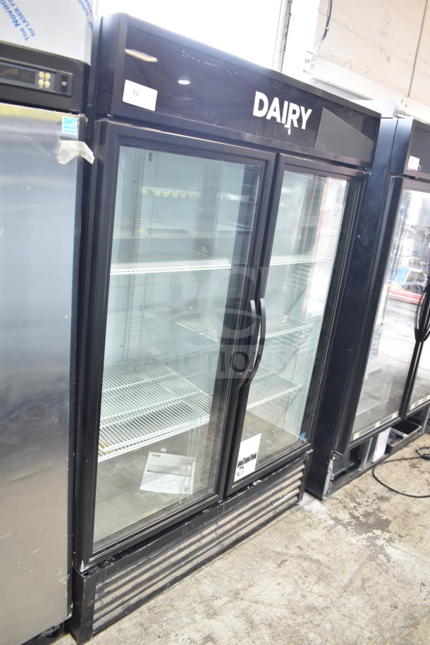 2019 True GDM-49-HC commercial cooler, 2 glass doors, black frame, “Dairy” label, tested, working, 115V, 1 phase.