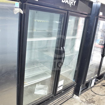 2019 True GDM-49-HC commercial cooler, 2 glass doors, black frame, “Dairy” label, tested, working, 115V, 1 phase.