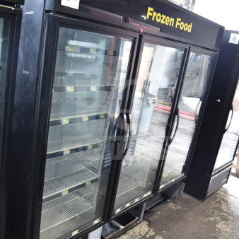 2020 True GDM-72F-HC commercial 3-door reach-in freezer merchandiser, black, tested and working, glass doors, model visible.