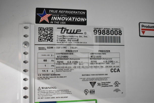 2020 True GDM-72F-HC commercial 3-door freezer label. Tested, working, 115/208-230V, 1 phase, R290 refrigerant.
