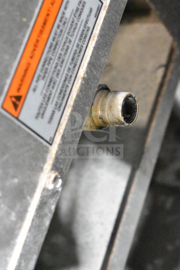 2023 Pitco Frialator SG14 Natural Gas Deep Fryer, 110,000 BTU, metal connector detail, warning label visible.