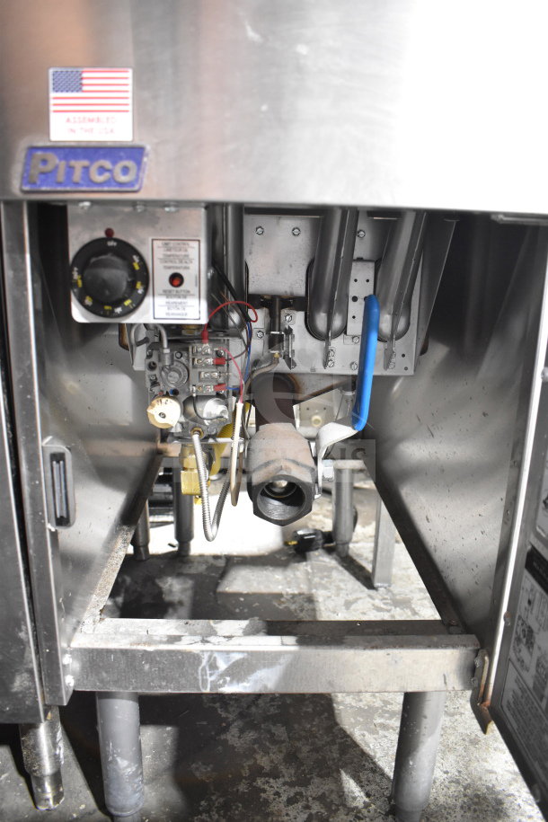 2023 Pitco Frialator SG14 deep fryer, 110,000 BTU, natural gas powered. Visible controls and assembly tag, "Assembled in the USA."