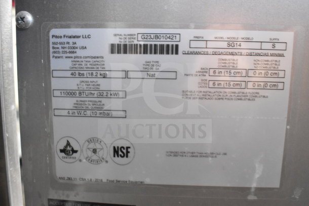 2023 Pitco Frialator SG14 natural gas fryer label, 110,000 BTU, model SG14. Shows serial number, certifications, and installation clearances.