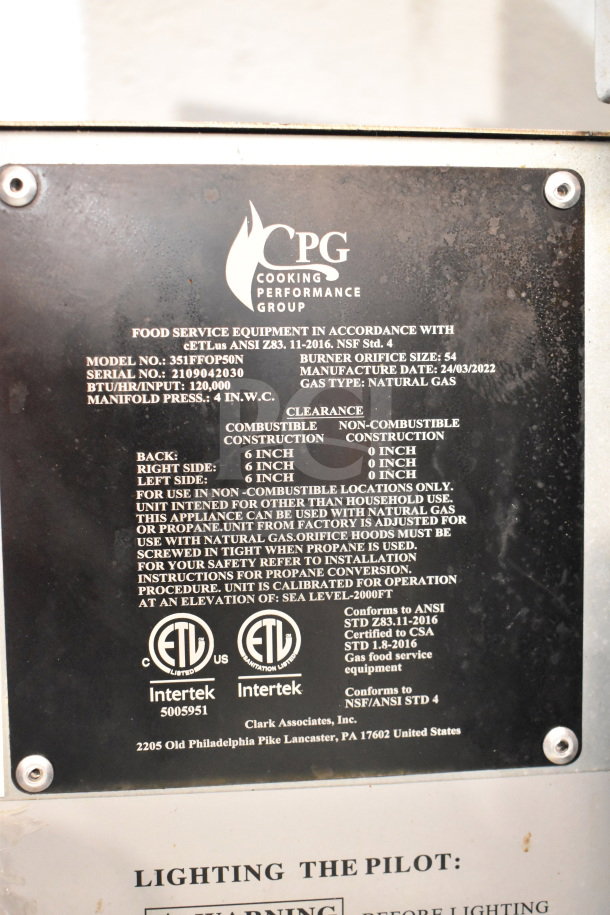2022 Cooking Performance Group 351FFOP50N commercial natural gas fryer, 120,000 BTU. Model plate with specifications visible.