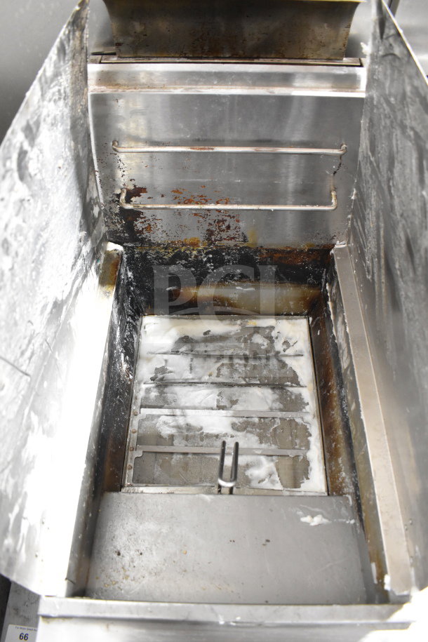 2022 Cooking Performance Group 351FFOP50N commercial gas fryer, showing interior condition, 120,000 BTU, used state.