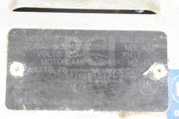 ME50 Commercial Portable Oil Filter, Model ME50, 120V, 1 Phase, 75 Watts. Shows model and serial number plate details.