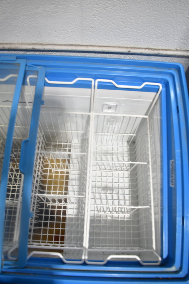 AHT RIO S 100 commercial chest freezer, blue trim, sliding glass top, dual compartments, excellent condition, 115V, 1 phase.