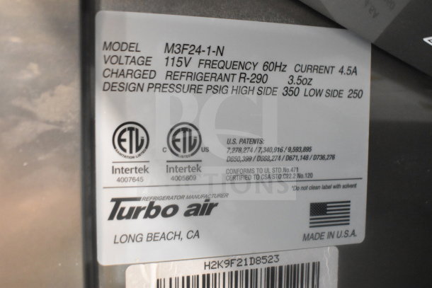 Turbo Air M3F24-1-N Single Door Freezer label, showing model, voltage (115V), refrigerant R-290, and ETL certification marks.