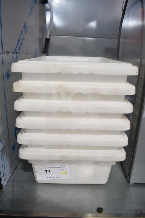 6 Winco PFHW-6 white poly bins, stacked. Auction sticker reads "71 QTY VX6." Slight surface wear visible.