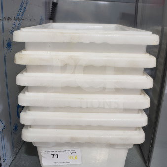 6 Winco PFHW-6 white poly bins, stacked. Auction sticker reads "71 QTY VX6." Slight surface wear visible.