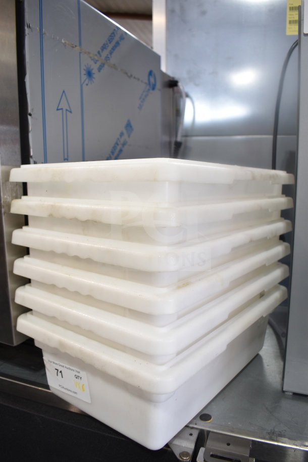 Six Winco PFHW-6 white poly bins, stacked; used condition, ideal for storage and transport; model label visible.