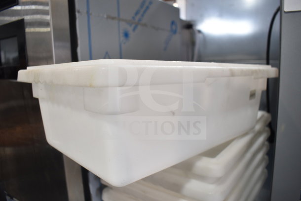 Winco PFHW-6 white poly bin, durable, stackable, slight wear, ideal for storage. Six bins available per winning bid.