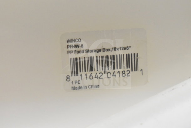 6 Winco PFHW-6 white poly bins, size 18x12x6 inches, model labeled for food storage. Made in China.
