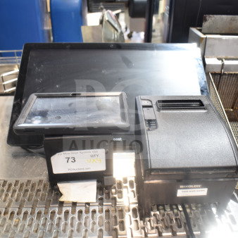 Various auction items including a POS monitor, Bixolon SRP-S300 receipt printer, and Epson receipt printer. Visible condition with stickers indicating "QTY 4X."