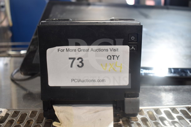 POS monitor and receipt printers including Bixolon SRP-S300 and Epson; auction lot with quantity tag "VX4".