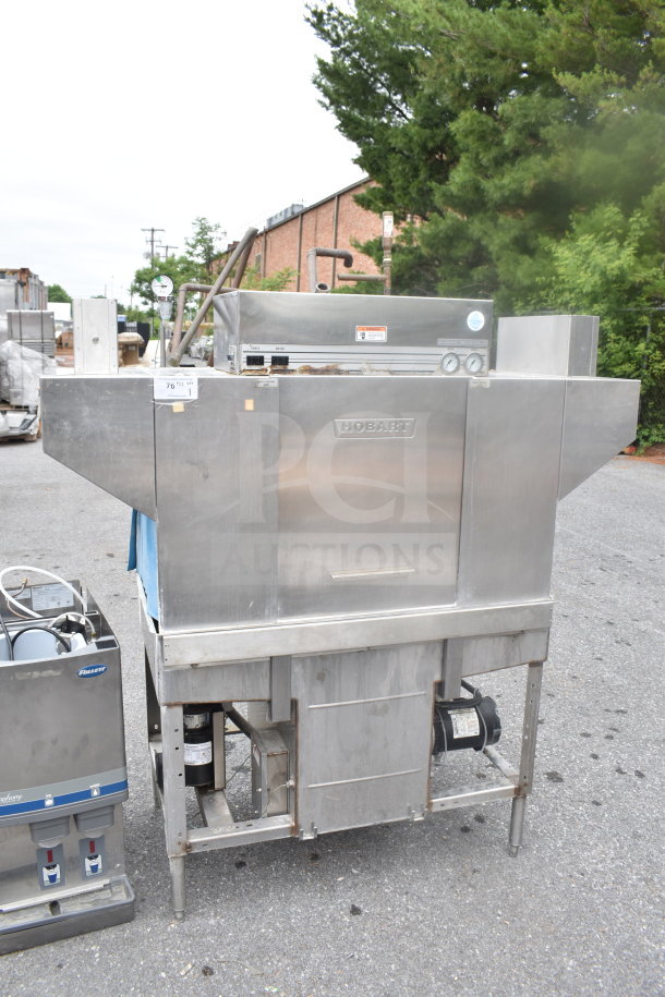 Hobart C44AW Commercial Conveyor Dishwasher, 3 Phase, stainless steel, visible wear, Hobart logo, external control gauges.