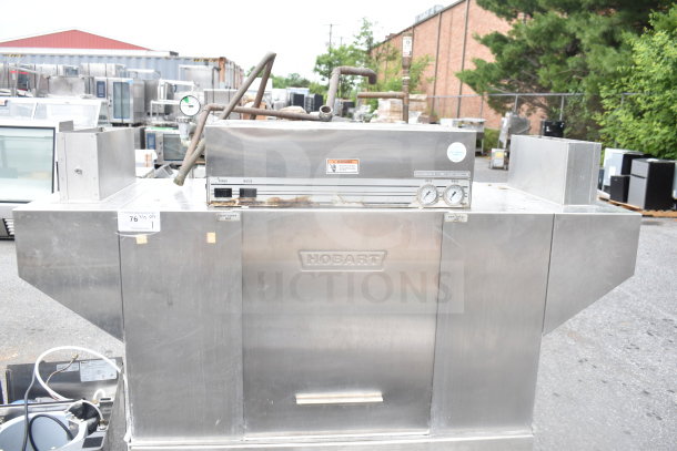 Hobart C44AW Commercial Conveyor Dishwasher, 3 Phase, stainless steel, visible control gauges, used condition.