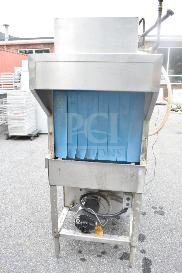 Hobart C44AW commercial conveyor dishwasher, 3-phase, stainless steel, blue curtains, used condition.