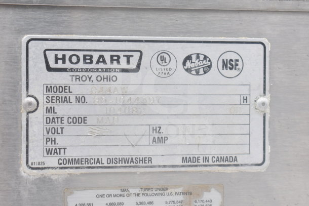 Hobart C44AW Commercial Conveyor Dishwasher label, 3 Phase, model and serial number visible. Made in Canada.