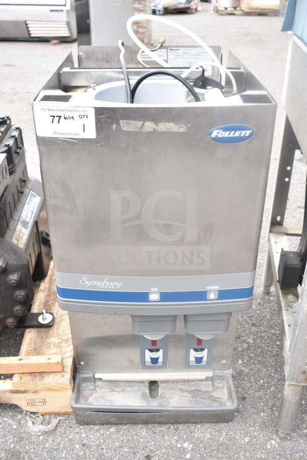 Follett 12CI400A commercial countertop ice and water dispenser, 115 volts, with dual spouts, stainless steel, and visible brand logo.