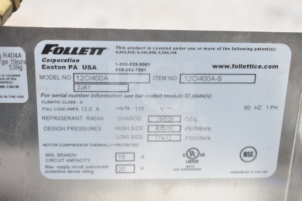 Follett 12CI400A Commercial Ice and Water Dispenser label, showing model, voltage, and refrigerant details.