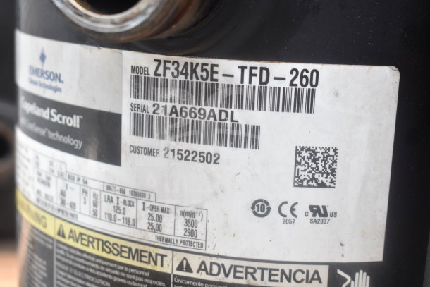 Emerson ZF34K5E-TFD-260 compressor, 3-phase, Copeland Scroll technology, serial 21A669ADL, model label visible.