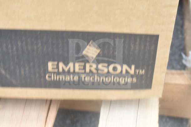 Emerson ZF34K5E-TFD-960 Compressor boxed, brand logo "Emerson Climate Technologies" visible on packaging, new condition.