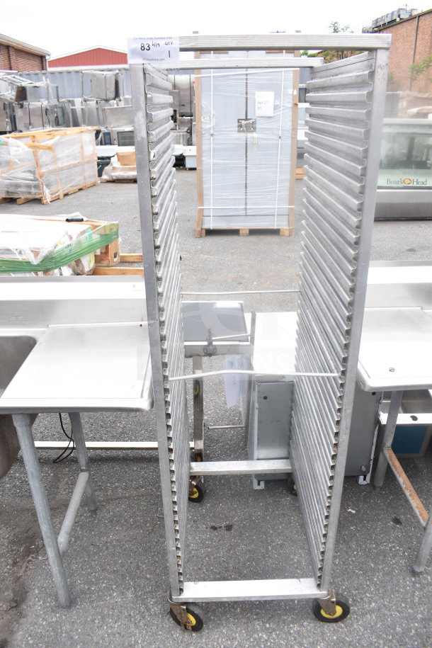 CresCor 2001841 commercial pan transport rack with durable commercial casters, showing some wear, ideal for kitchen use.