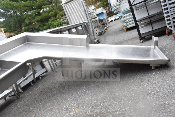 L-shaped stainless steel commercial dish table, no legs, dirty side, right side configuration, used condition.