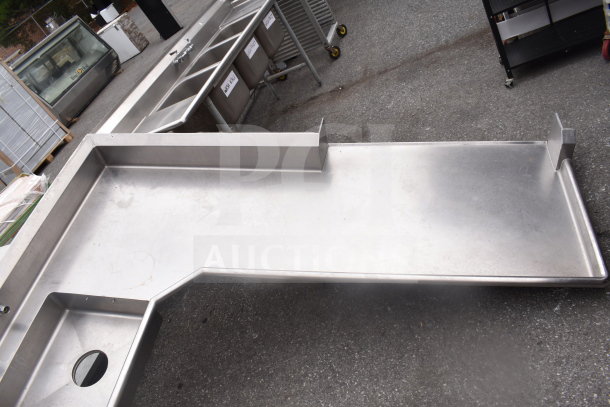 Commercial L-shaped stainless steel dirty side dish table, right side, no legs, durable construction, used condition.