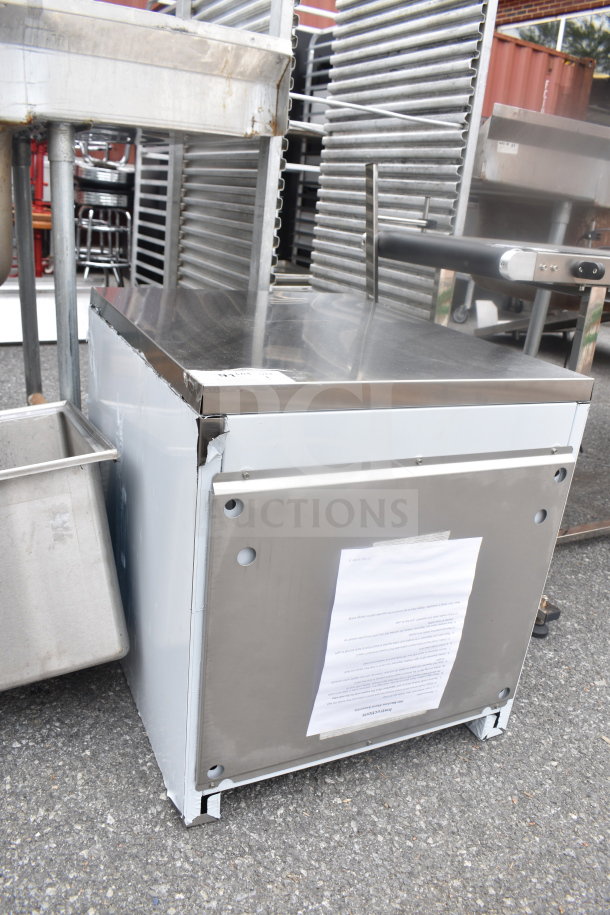 BRAND NEW Scotsman HST21B-A ice and water dispenser stand in stainless steel, 21.5" x 23.75", with visible dents and label.