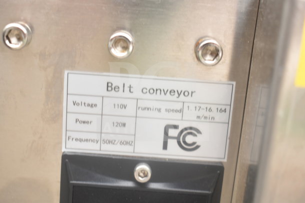 Vevor Belt Conveyor label showing specs: 110V, 120W, 50/60Hz, speed 1.17-16.164 m/min, single phase.