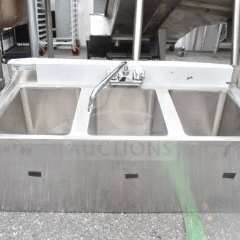 Steelton 522BS3T38 Commercial 3 Bay Sink, stainless steel, good condition, visible faucet, ideal for industrial use.