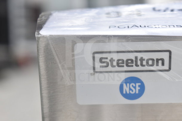 Steelton 522BS3T38 Commercial 3 Bay Sink, NSF certified; close-up of Steelton logo and label.