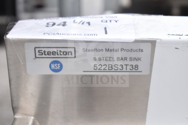 Steelton 522BS3T38 Commercial 3 Bay Sink, stainless steel, NSF certified, model label visible.