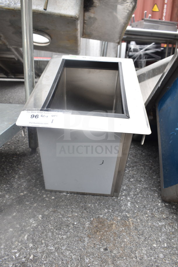 Regency 600DIIB1812 stainless steel drop-in ice bin, 18"x12", 20 lb capacity, with sliding lid. Appears in good condition.